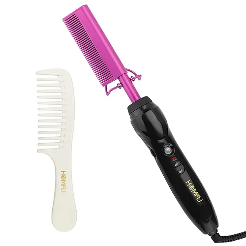 Homfu Electric Hot Comb Hair Straightener Heat Pressing Comb Ceramic Curling Flat Iron Curler Designed Hair Straightener Brush for Natural Black ,Anti-Scald Beard Straightening Electric Press Comb